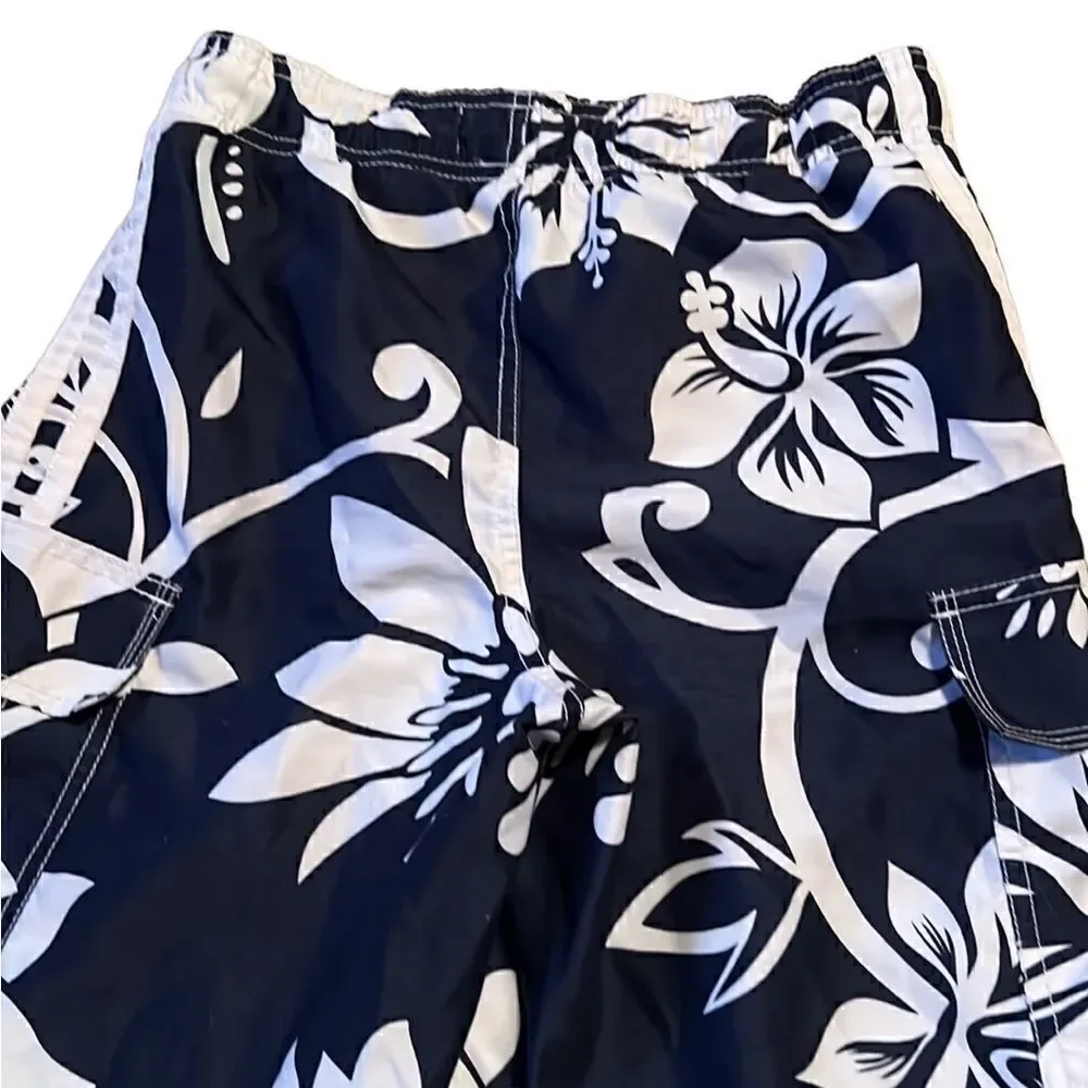 Old Navy Boys Large 10-12 Navy Blue & White Hibiscus Flowers Board Shorts Swim